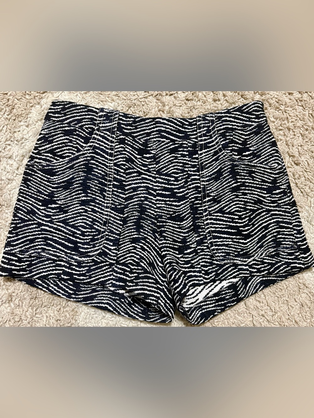 Derek Lam Navy and White Wave-Pattern Knit Shorts